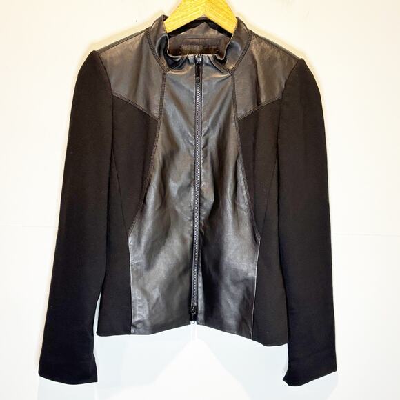 Lafayette 148 Black Leather Panel Zip Front Jacket - size 8 - Picture 1 of 6